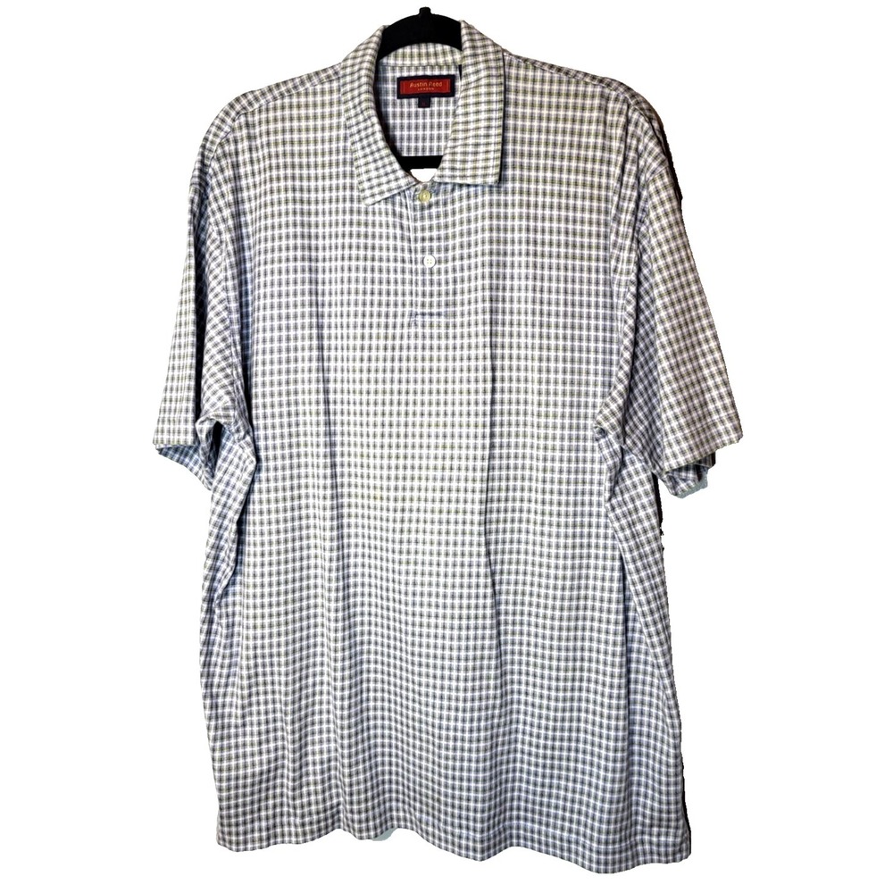 Austin Reid Cotton Polo Short Sleeved Blue Plaid Shirt 2 Button Front Size XL